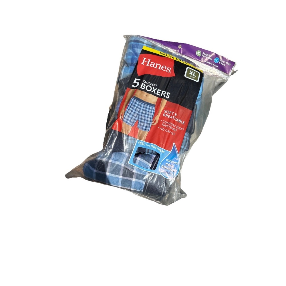 Hanes ~ 6-Pair Men's Woven Boxers Cotton Blend No Gap Fly Blue Plaid ~ XL
